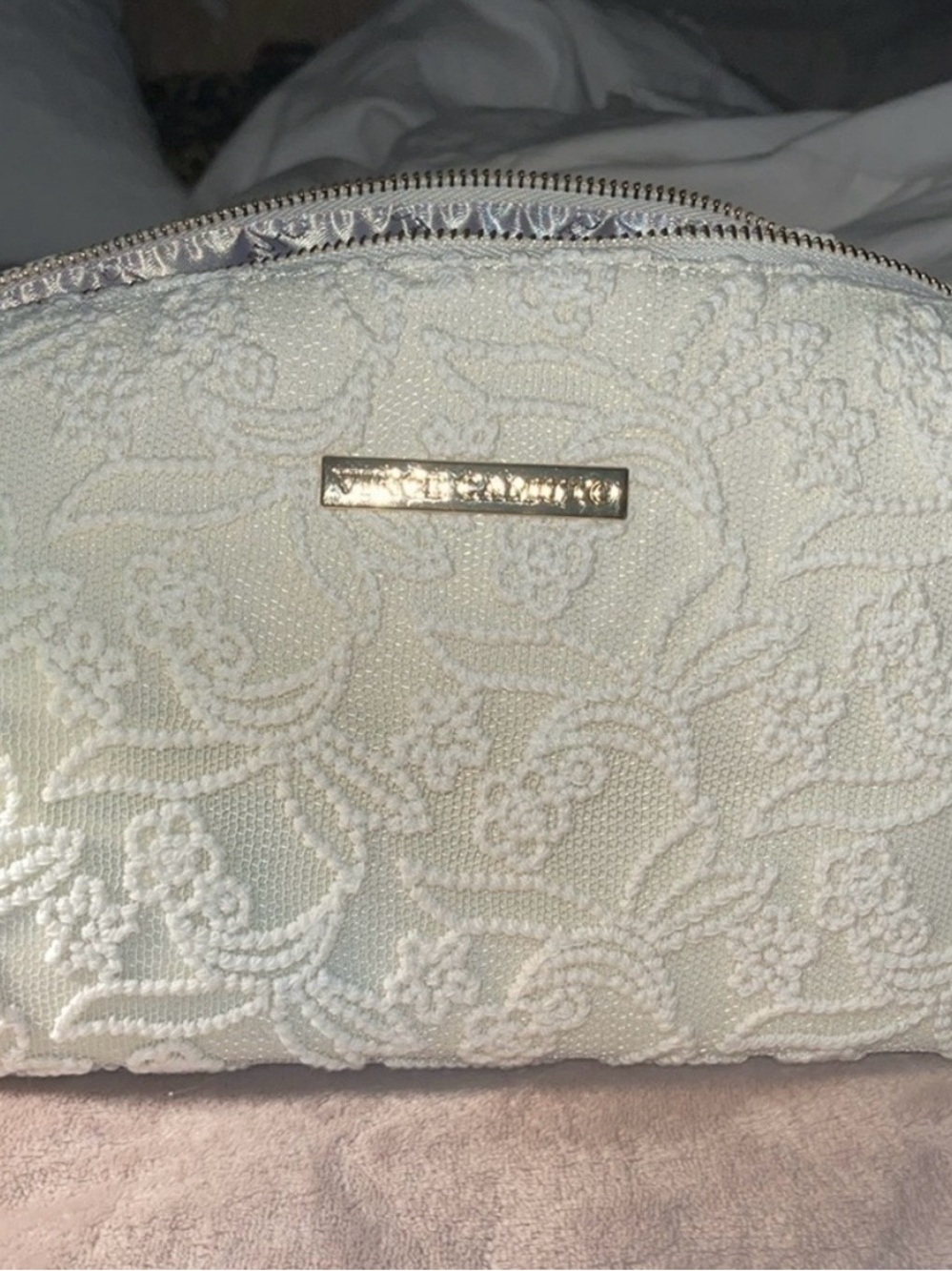 Vince Camuto Cream Lace Embossed Cosmetic Bag with Gold Accent